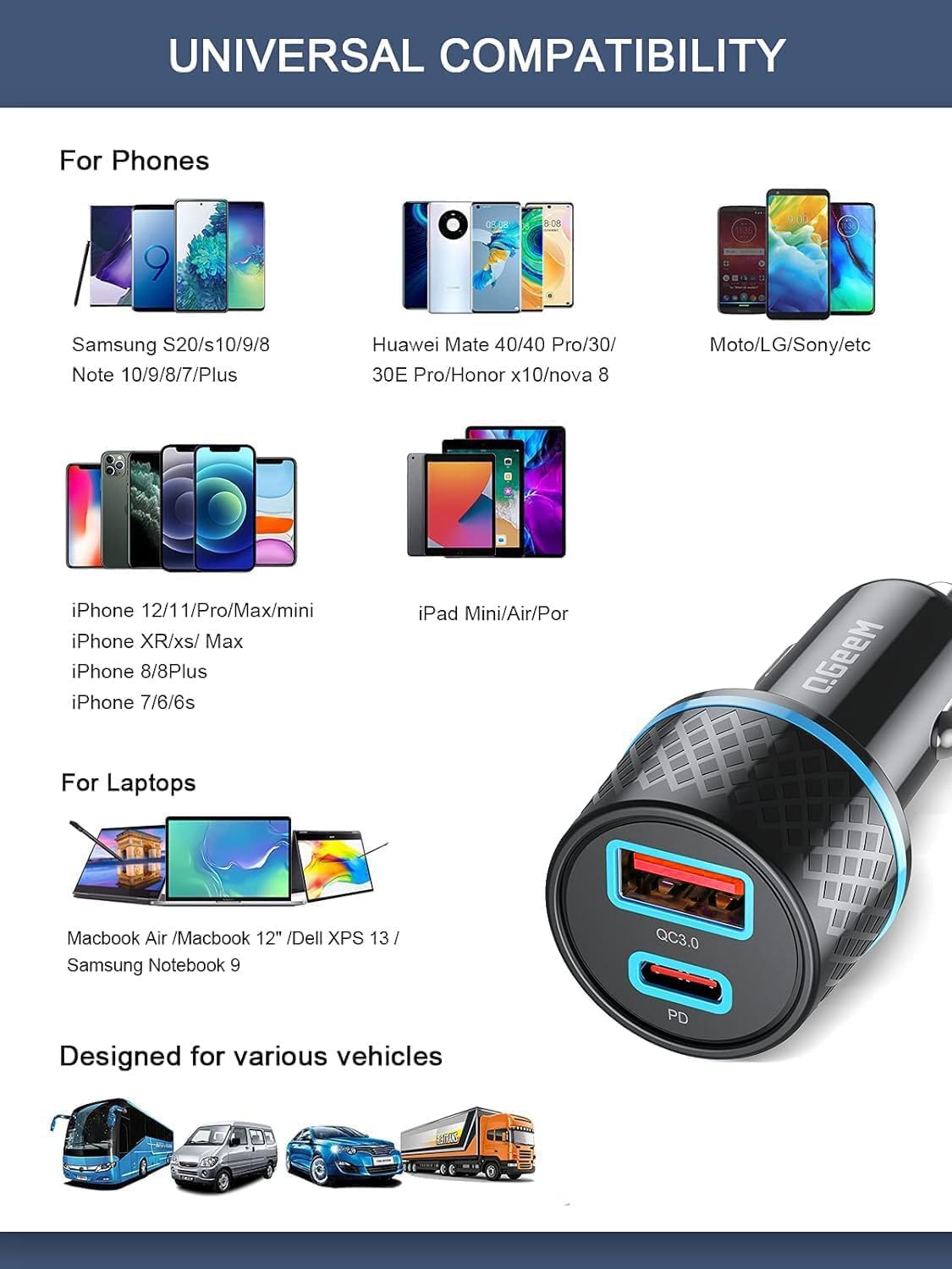 QGeeM USB C Car Charger Adapter compatible with all USB ports and Type-C ports