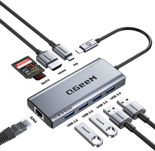 QGeeM USB C Hub Ethernet,9 in 1 USB Type C Hub HDMI Multi-Port Converter Adapter