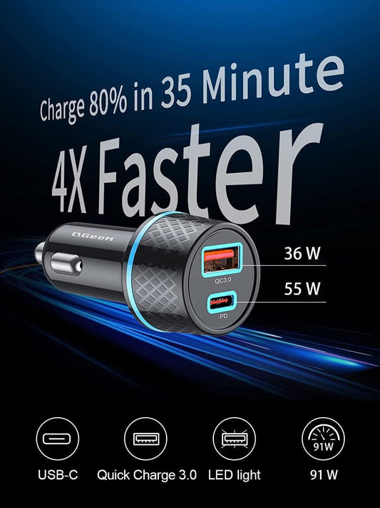 QGeeM USB C Car Charger Adapter compatible with all USB ports and Type-C ports